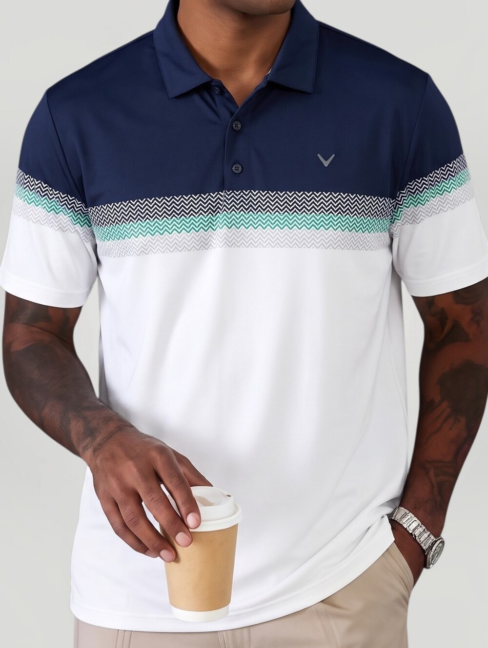 Callaway Opti-Dri Men's Golf Polo XXL Navy White Colorblock Chevron Stripe